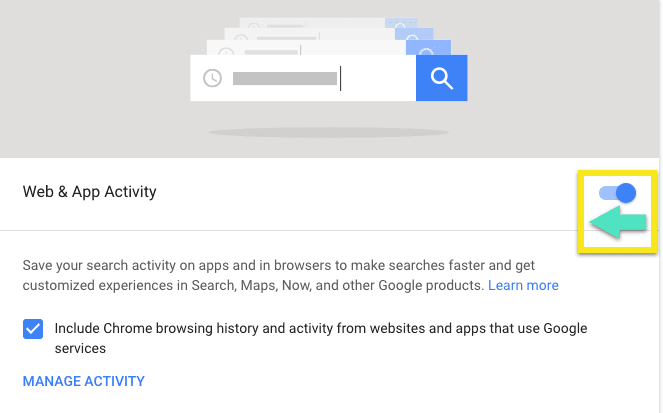 Schermata Web e attività di Google, che evidenzia come attivare la "sospensione."