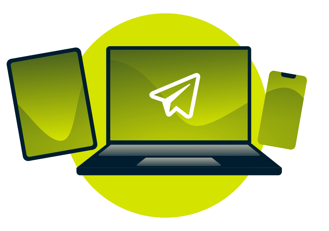Логотип Telegram на ноутбуке, телефоне и планшете.